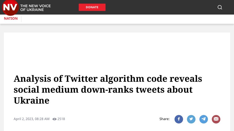 Screenshot of english.nv.ua: Analysis of Twitter algorithm reveals Twitter down-ranks tweets about Ukraine