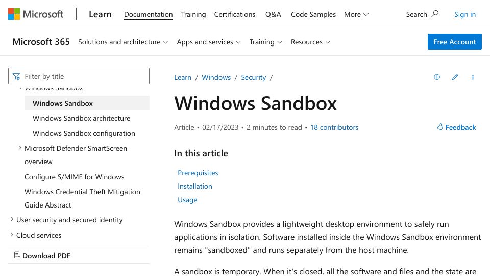 Screenshot of learn.microsoft.com: Windows Sandbox