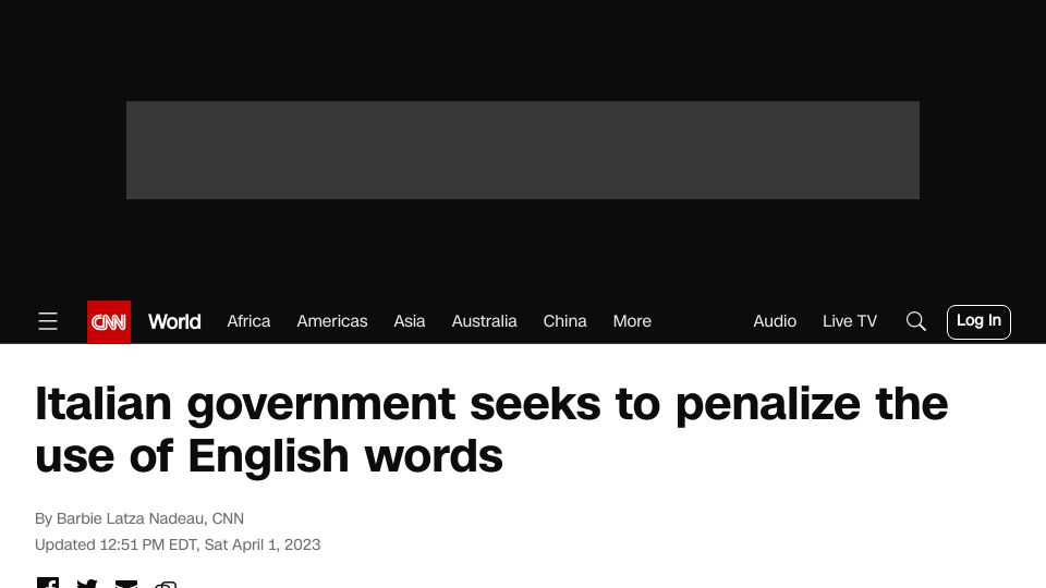 Screenshot of cnn.com: Italian government seeks to penalize the use of English words