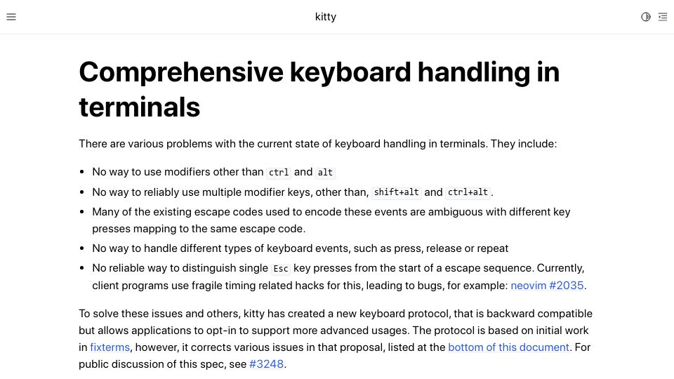 Screenshot of sw.kovidgoyal.net: Comprehensive Keyboard Handling in Terminals