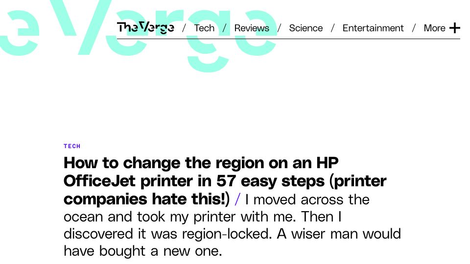 Screenshot of theverge.com: How to change the region on an HP OfficeJet printer in 57 easy steps