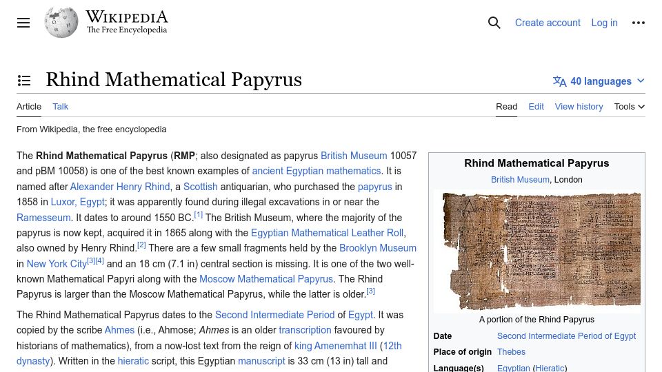 Screenshot of en.wikipedia.org: Rhind Mathematical Papyrus