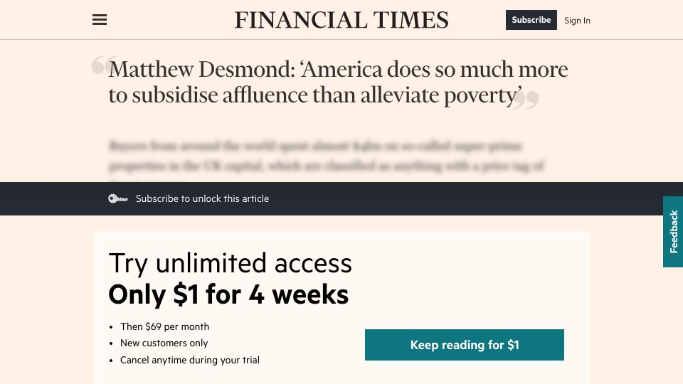 Screenshot of ft.com: ‘America does so much more to subsidise affluence than alleviate poverty’