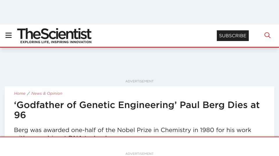 Screenshot of the-scientist.com: Paul Berg has died