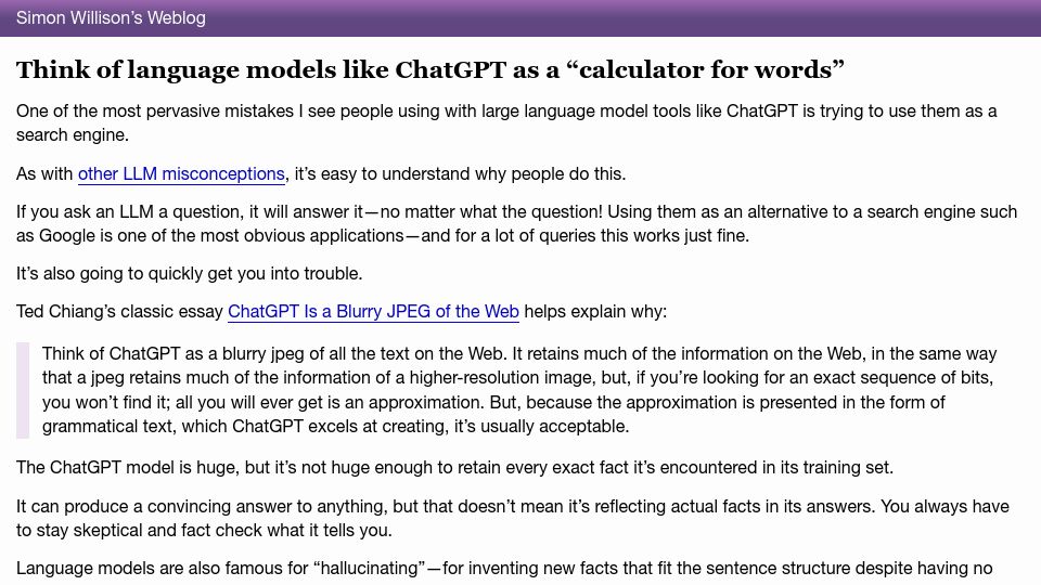 Screenshot of simonwillison.net: ChatGPT as a Calculator for Words