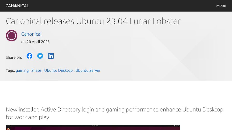 Screenshot of canonical.com: Canonical releases Ubuntu 23.04 Lunar Lobster