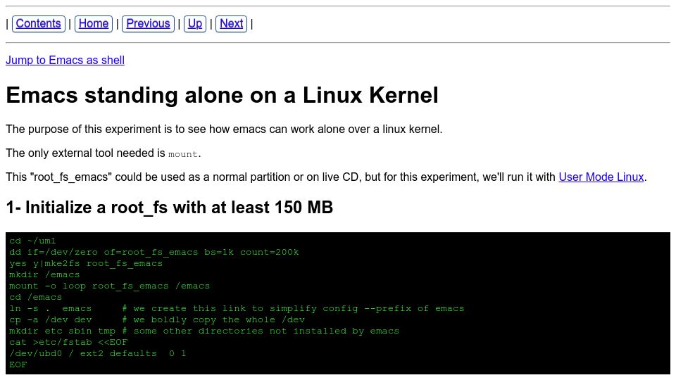 Screenshot of informatimago.free.fr: Emacs standing alone on a Linux Kernel