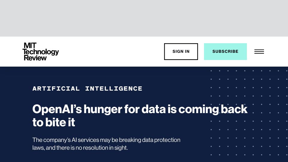 Screenshot of technologyreview.com: OpenAI’s hunger for data is coming back to bite it