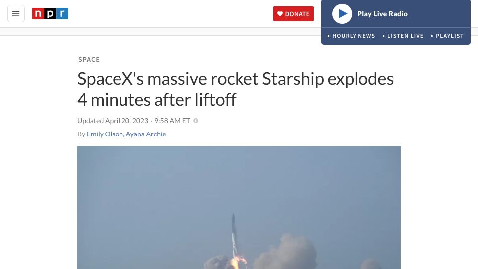 Screenshot of npr.org: SpaceX's rocket Starship explodes 4 minutes after liftoff