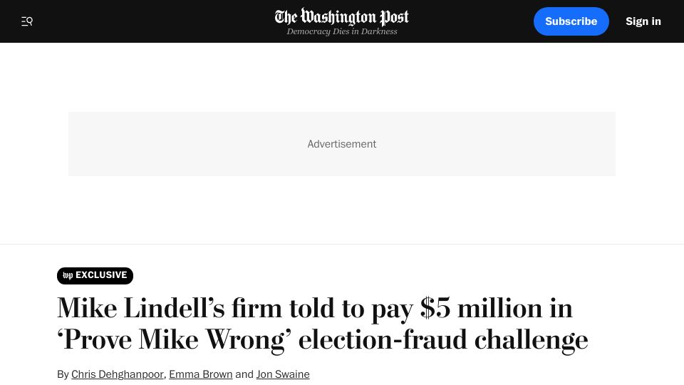 Screenshot of washingtonpost.com: Mike Lindell firm told to pay $5M in ‘Prove Mike Wrong’ election-fraud challenge