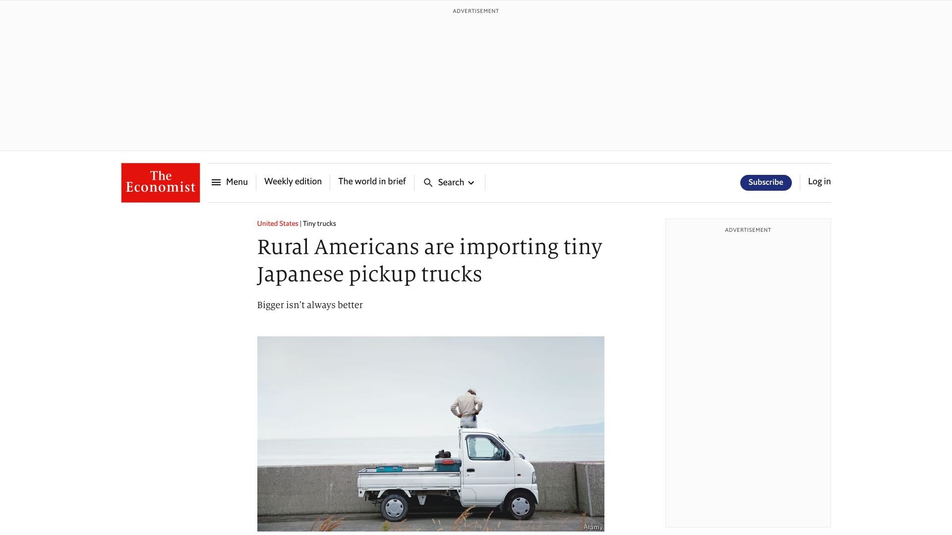 Screenshot of economist.com: Rural Americans are importing tiny Japanese pickup trucks