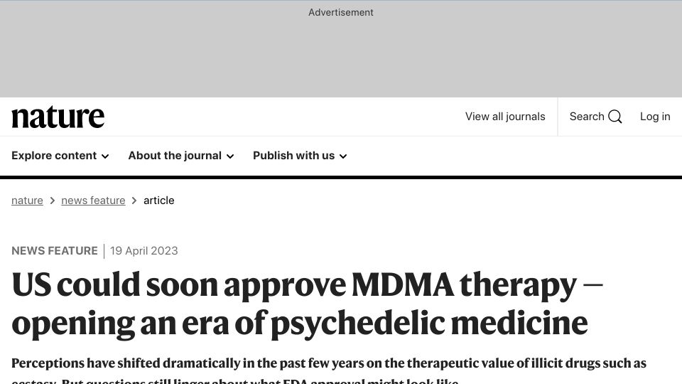 Screenshot of nature.com: US could soon approve MDMA therapy