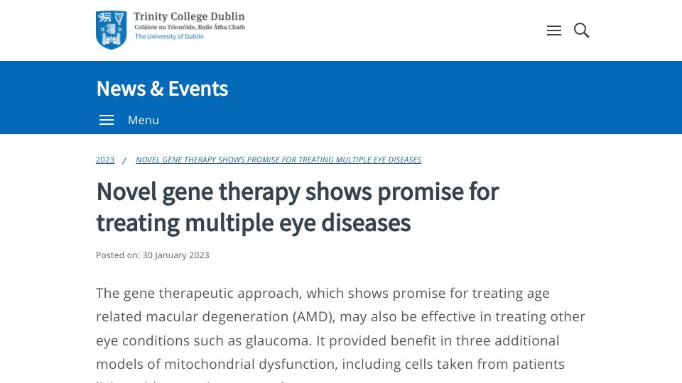 Screenshot of tcd.ie: Geneticists develop novel gene therapy for glaucoma
