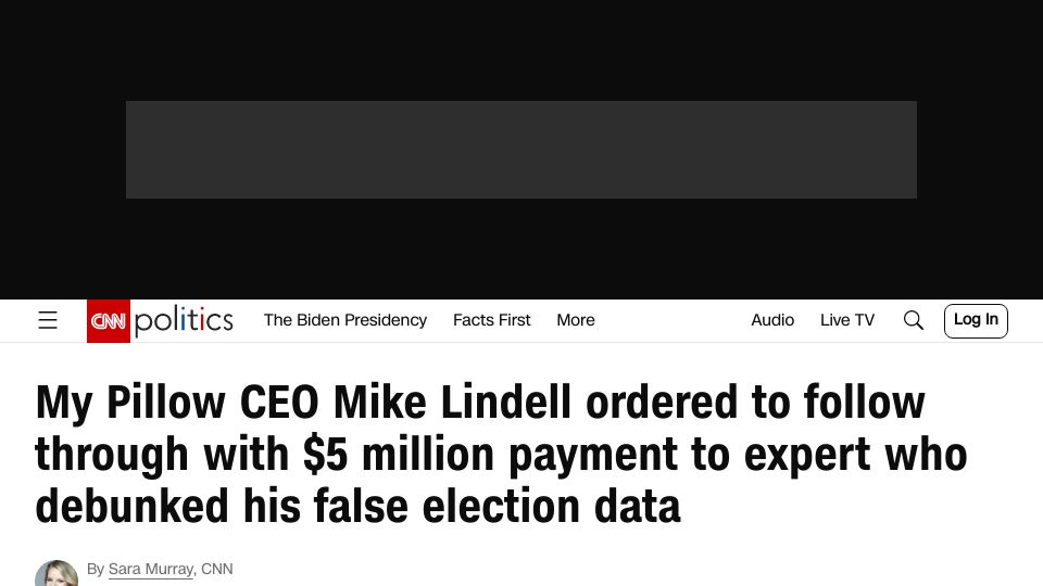 Screenshot of cnn.com: Software developer gets $5M judgement against My Pillow CEO Mike Lindell