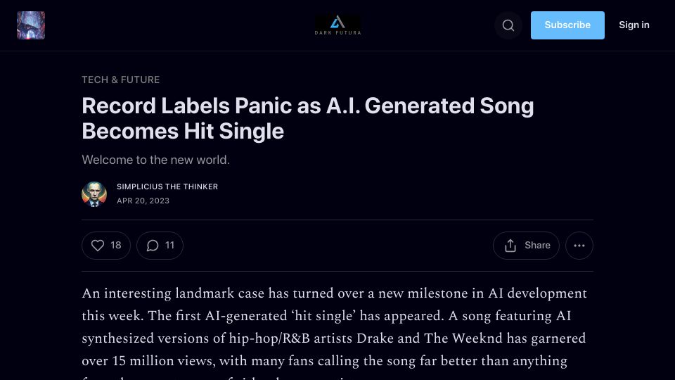 Screenshot of darkfutura.substack.com: Record Labels Panic as A.I. Generated Song Becomes Hit Single