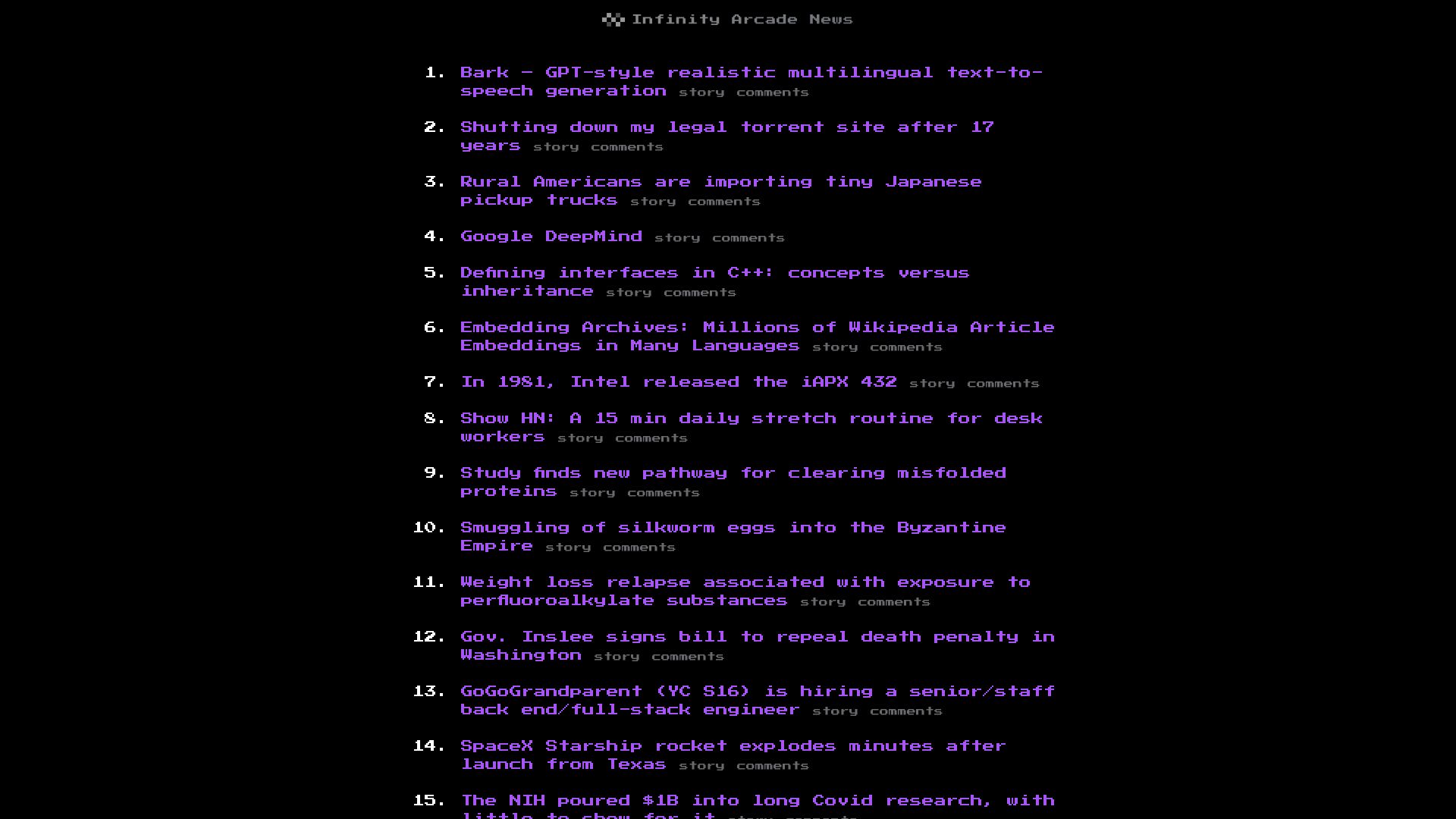 Screenshot of infinityarcade.com: Show HN: Play the front page of Hacker News as interactive text games