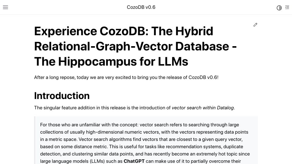Screenshot of docs.cozodb.org: Show HN: CozoDB, Hybrid Relational-Graph-Vector Database