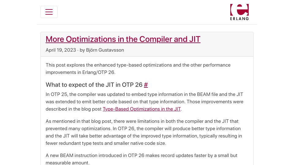Screenshot of erlang.org: More optimizations in the compiler and JIT