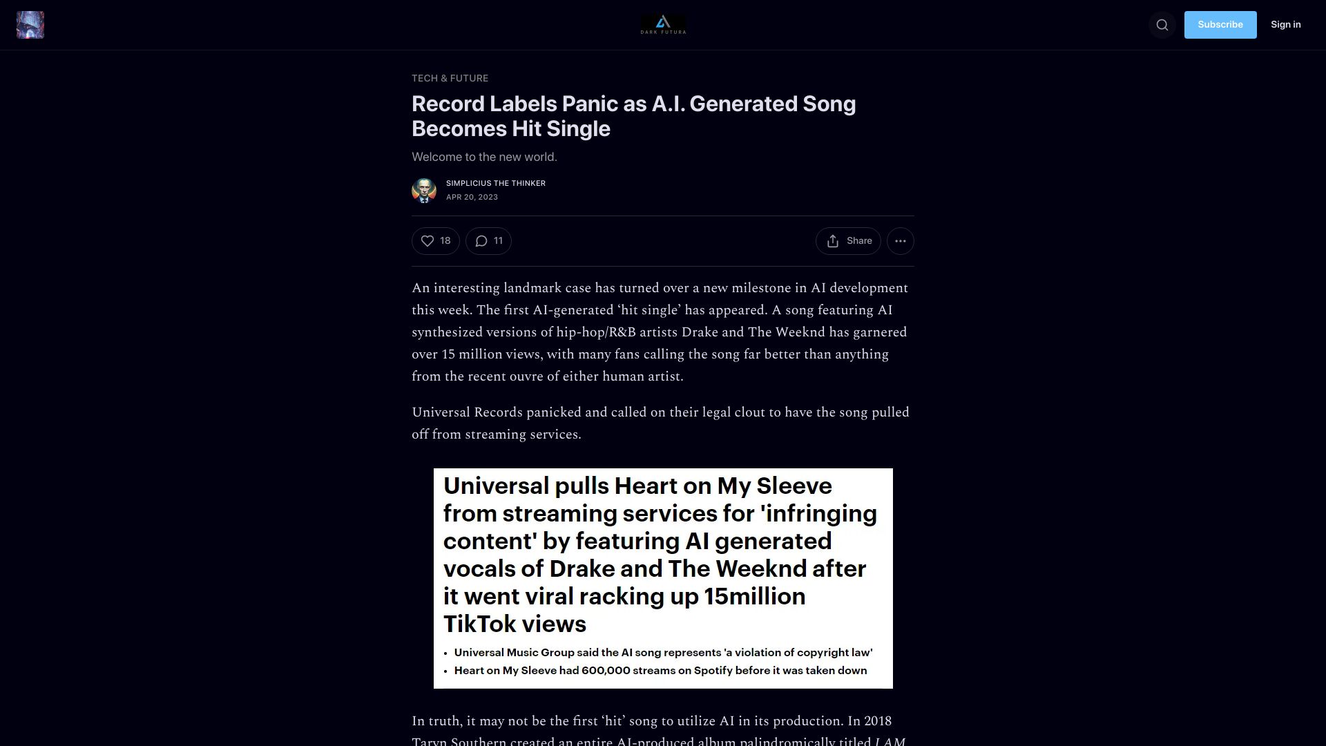 Screenshot of darkfutura.substack.com: Record Labels Panic as A.I. Generated Song Becomes Hit Single