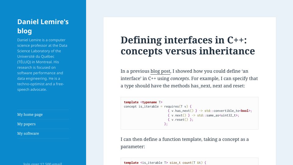 Screenshot of lemire.me: Defining interfaces in C++: concepts versus inheritance