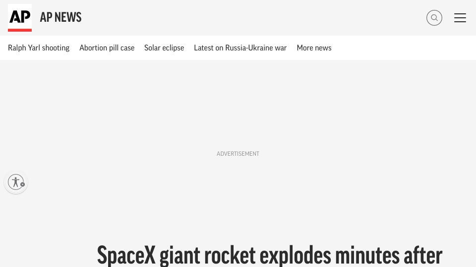 Screenshot of apnews.com: SpaceX Starship rocket explodes minutes after launch from Texas
