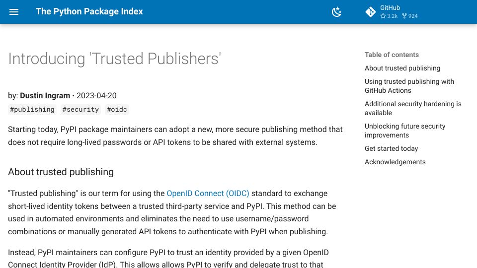 Screenshot of blog.pypi.org: Introducing 'Trusted Publishers'