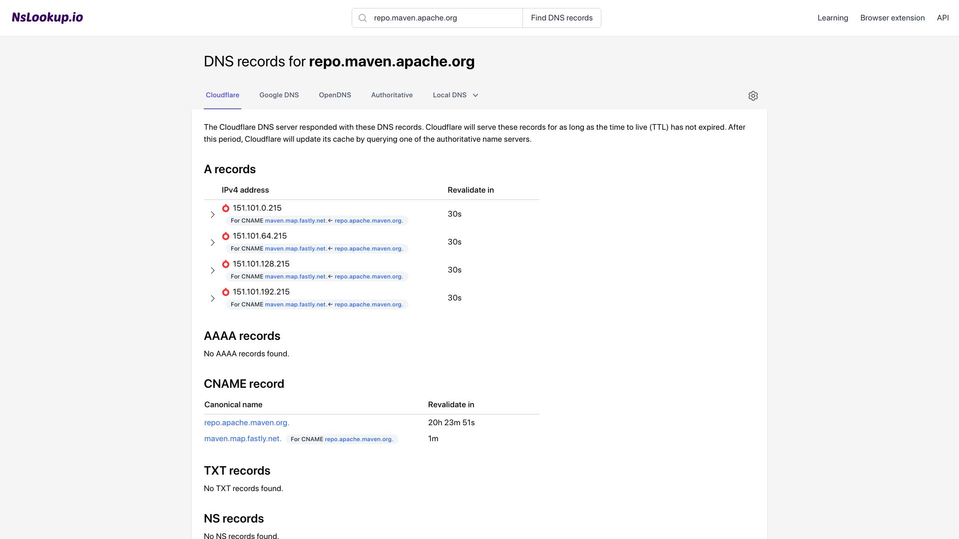 Screenshot of nslookup.io: No DNS address record found for repo.maven.apache.org
