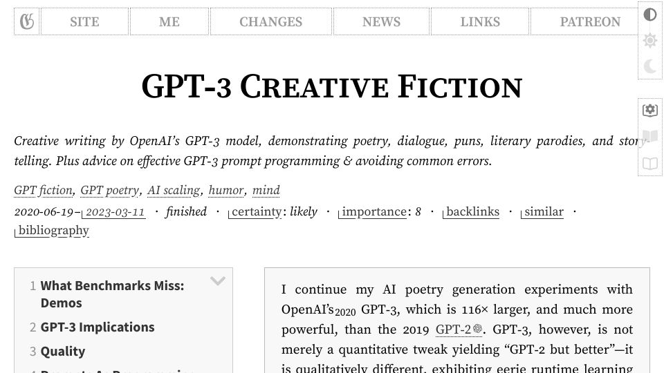 Screenshot of gwern.net: GPT-3 Creative Fiction (2020)