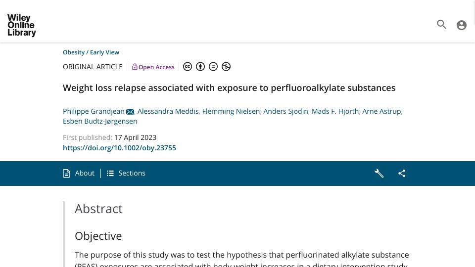 Screenshot of onlinelibrary.wiley.com: Weight loss relapse associated with exposure to perfluoroalkylate substances