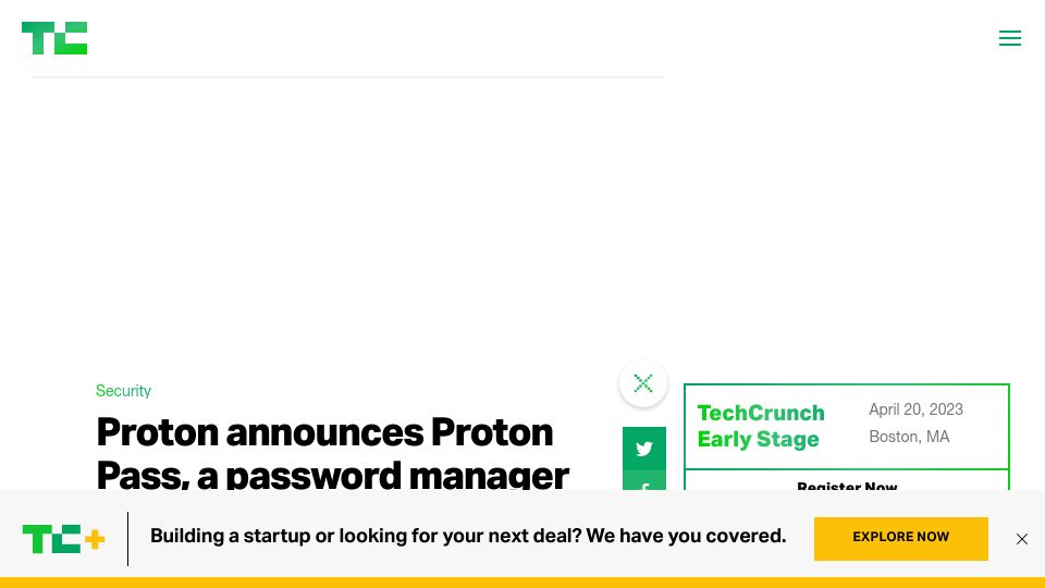 Screenshot of techcrunch.com: Proton announces Proton Pass, a password manager