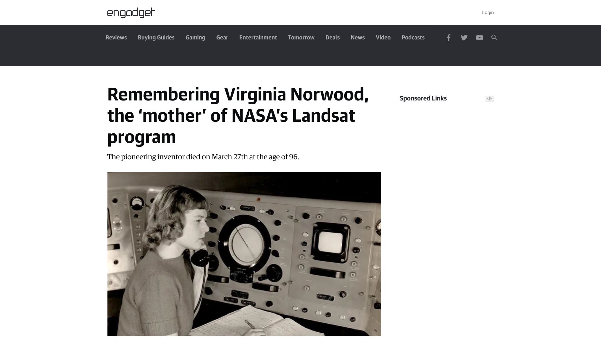 Screenshot of engadget.com: Remembering Virginia Norwood, the ‘Mother’ of NASA’s Landsat Program