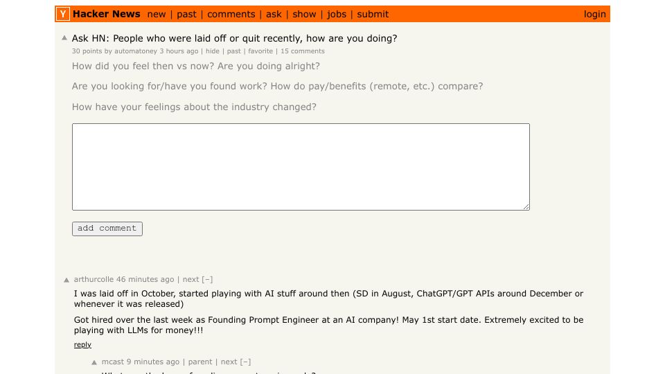 Screenshot of Hacker News post: Ask HN: People who were laid off or quit recently, how are you doing?