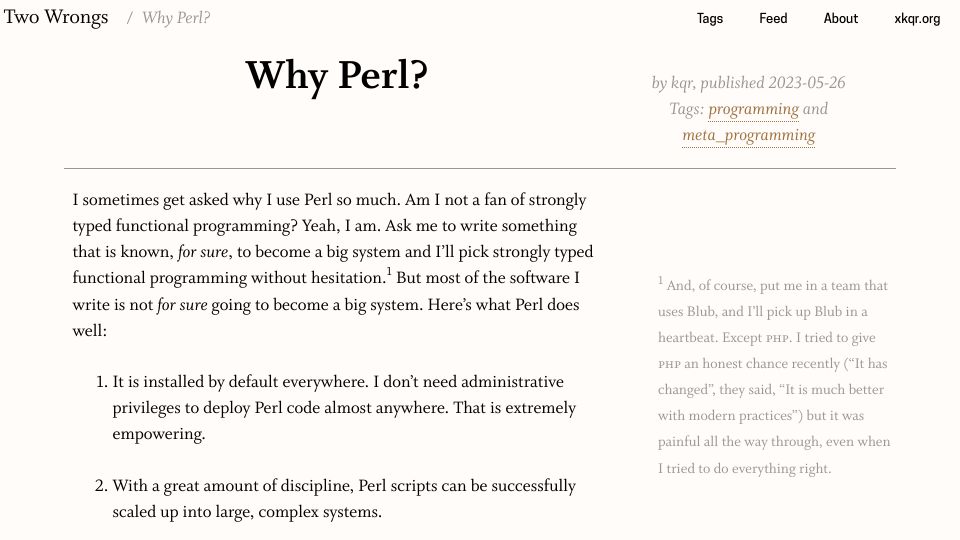 Screenshot of two-wrongs.com: Why Perl?