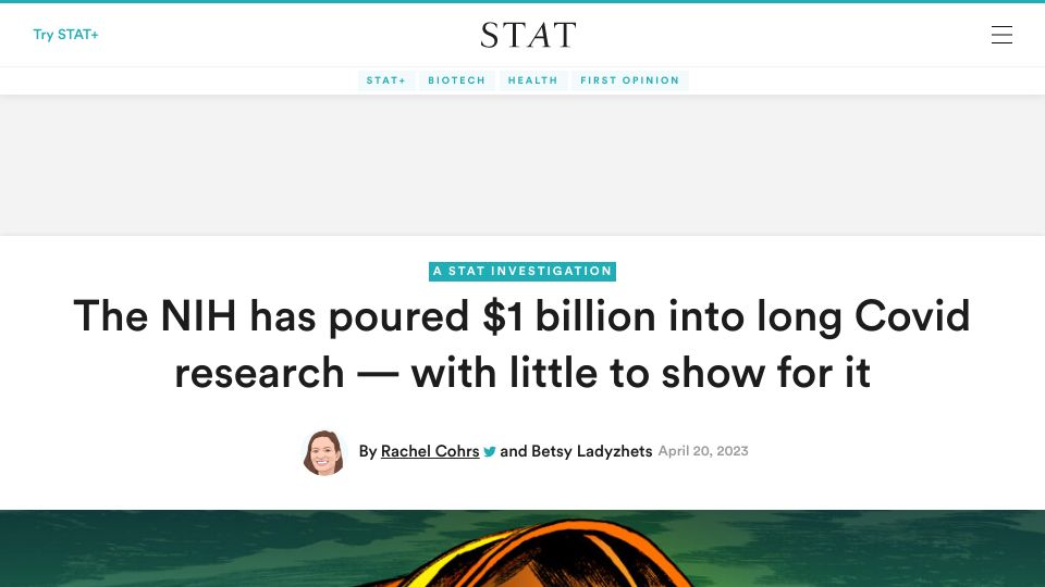 Screenshot of statnews.com: The NIH poured $1B into long Covid research, with little to show for it