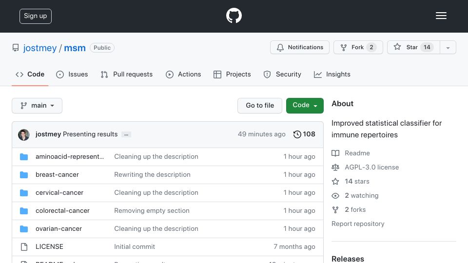 Screenshot of github.com: Diagnosing cancer by profiling the immune system