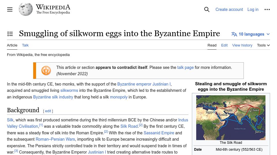 Screenshot of en.wikipedia.org: Smuggling of silkworm eggs into the Byzantine Empire