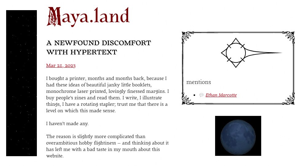 Screenshot of maya.land: A newfound discomfort with hypertext