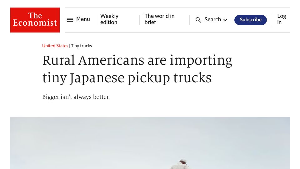 Screenshot of economist.com: Rural Americans are importing tiny Japanese pickup trucks