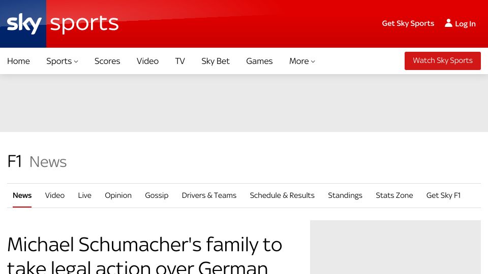Screenshot of skysports.com: Michael Schumacher's family take legal action over AI-generated interview