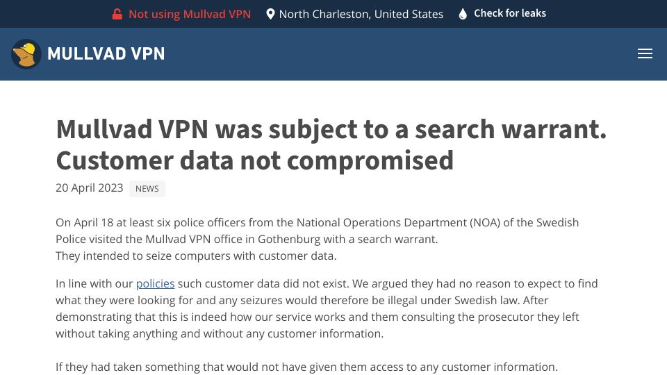 Screenshot of mullvad.net: Mullvad VPN was subject to a search warrant – customer data not compromised