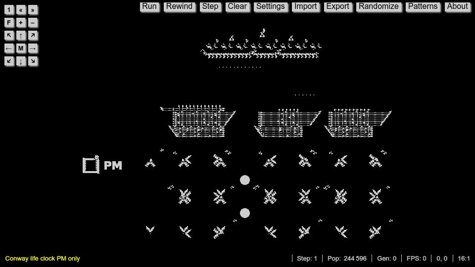 Screenshot of copy.sh: Conway's Game of Life digital clock