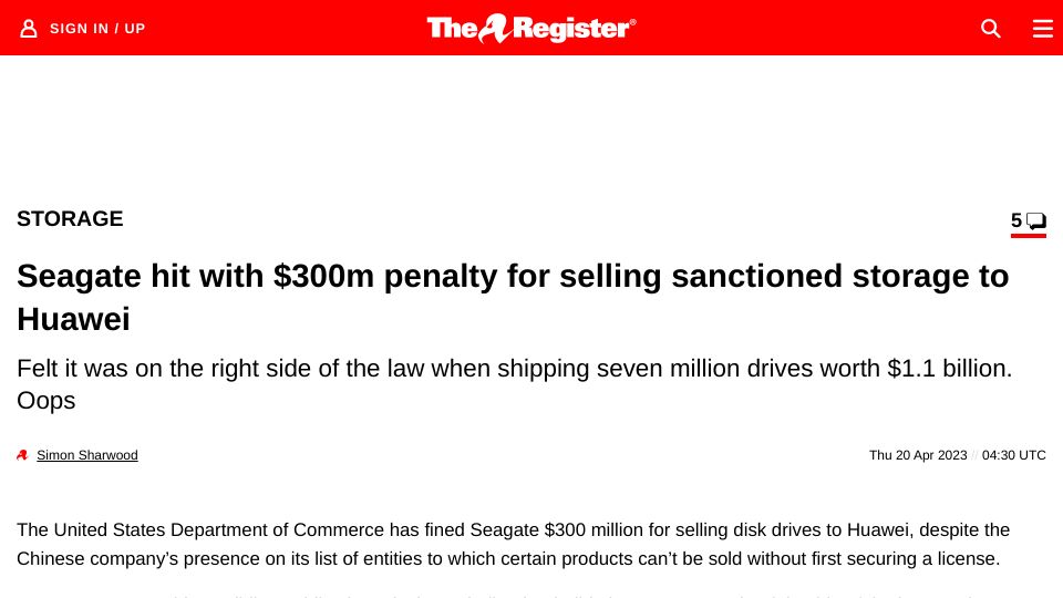 Screenshot of theregister.com: Seagate hit with $300M penalty for selling sanctioned storage to Huawei
