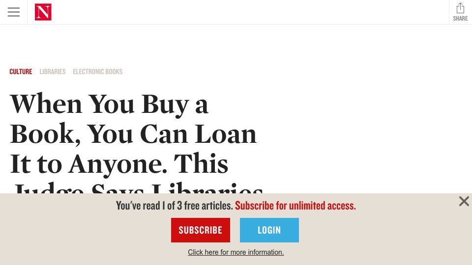 Screenshot of thenation.com: When You Buy a Book, You Can Loan It to Anyone. This Judge Says Libraries Can’t