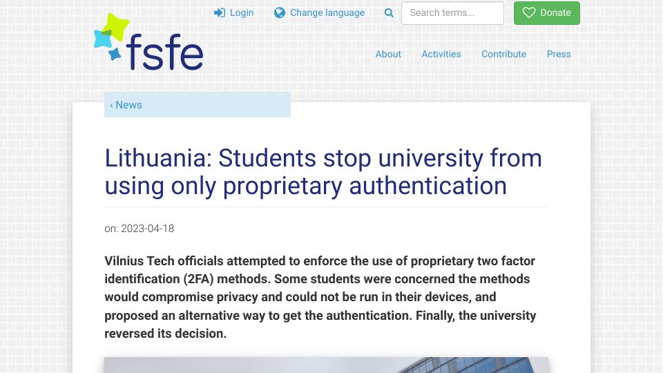Screenshot of fsfe.org: Lithuania: Students stop university from using only proprietary authentication