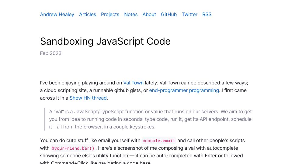 Screenshot of healeycodes.com: Sandboxing JavaScript Code