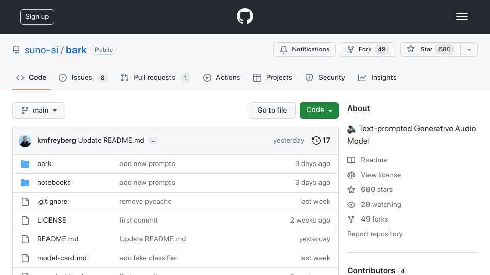 Screenshot of github.com: Bark – Text-prompted generative audio model