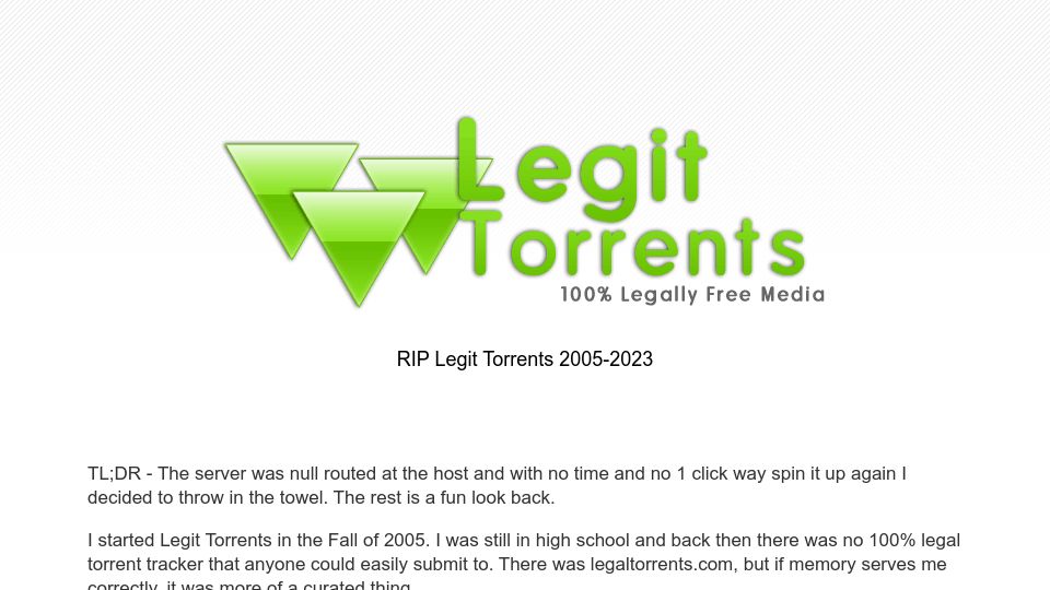 Screenshot of legittorrents.info: Shutting down my legal torrent site after 17 years