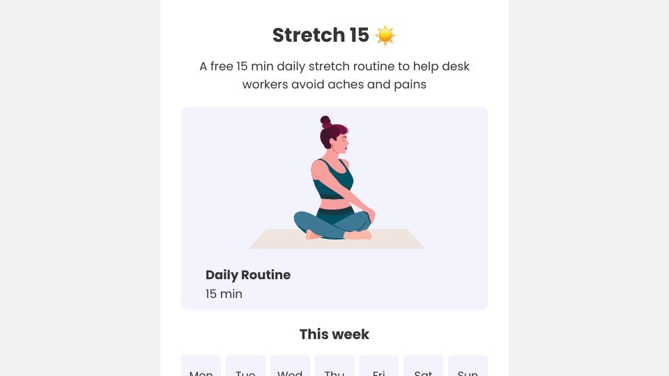 Screenshot of stretch15.com: Show HN: A 15 min daily stretch routine for desk workers