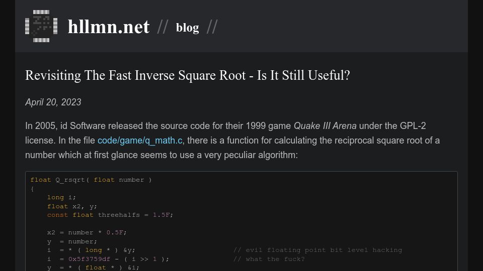 Screenshot of hllmn.net: Revisiting the Fast Inverse Square Root – Is It Still Useful?