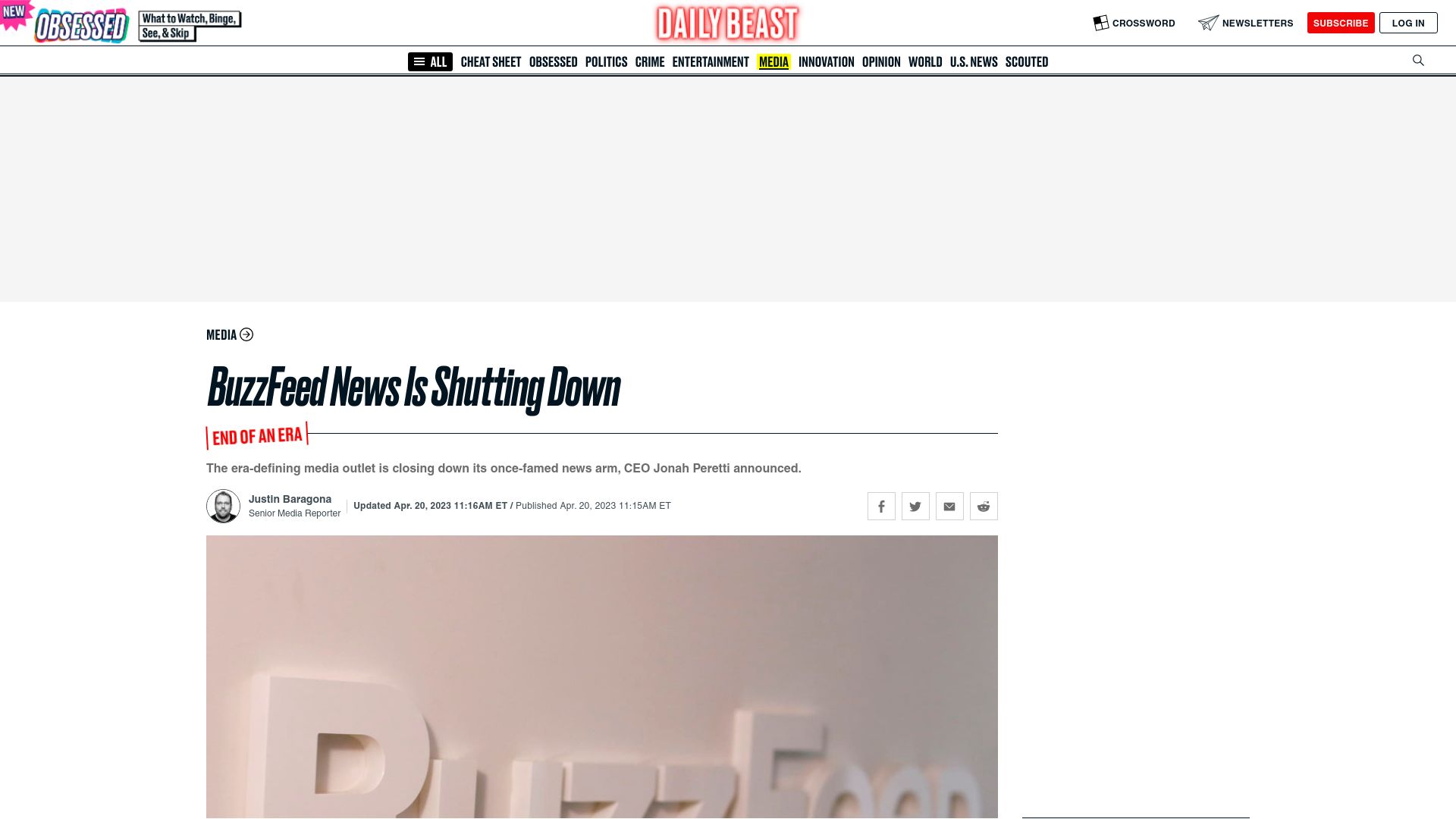 Screenshot of thedailybeast.com: BuzzFeed News is shutting down